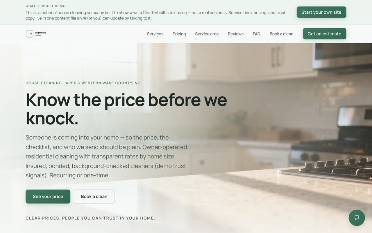 BrightPath Cleaning — house cleaning demo site built on the Chatterbuilt template