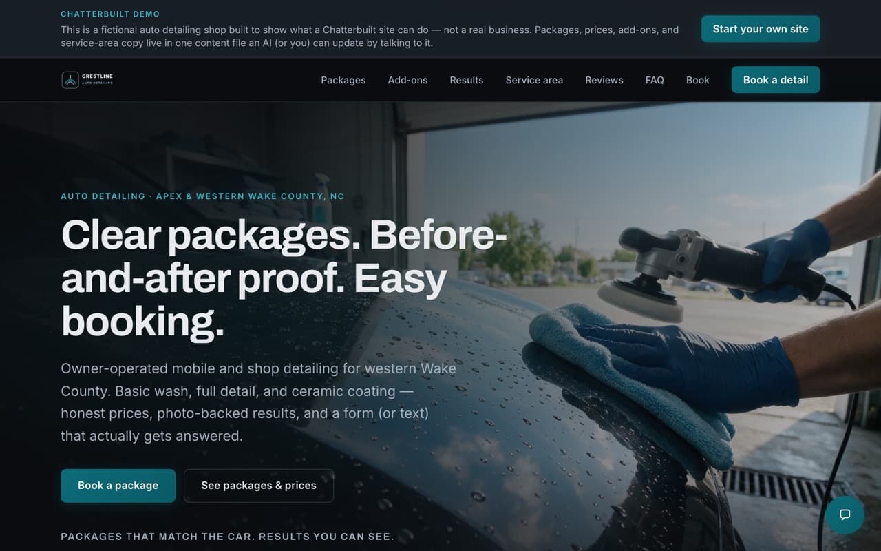 Crestline Auto Detailing — car detailer demo site built on the Chatterbuilt template